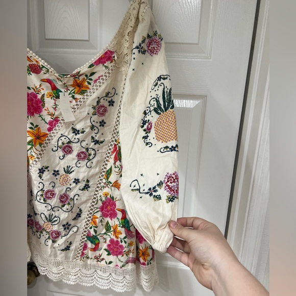 NWT Farm Rio Toucan's Garden Floral Embroidery One-Shoulder Linen Blend Dress - Picture 6 of 14